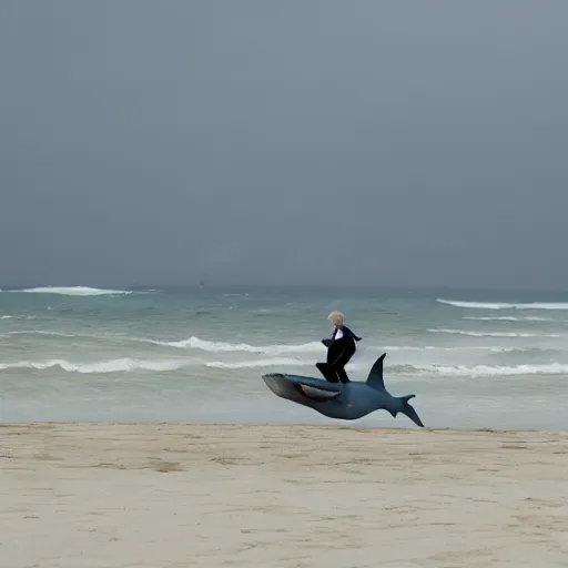 Image similar to boris johnson riding a shark at the beach