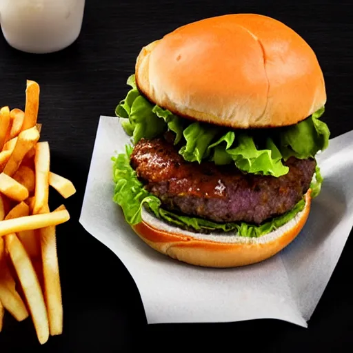 Prompt: finger burger, soda, fries, award winning, food photography