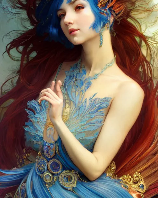 Prompt: Portrait of a blue haired Goddess, a spark of all creation in her hands, a tiny red dragonlet, intricate dress, wide angle, intricate, elegant, overdetailed, professional digital painting, artstation, concept art, smooth, sharp focus, 8K, art by artgerm and greg rutkowski and alphonse mucha and loish and WLOP