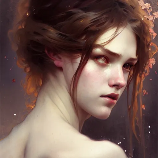 Prompt: Portrait of a girl surrounded by spiders, face, fantasy, intricate, elegant, highly detailed, digital painting, artstation, concept art, smooth, sharp focus, illustration, art by Krenz Cushart and Artem Demura and alphonse mucha