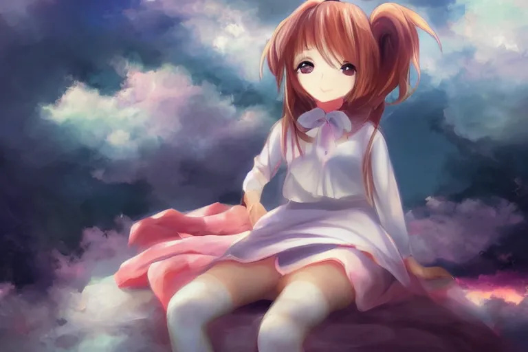 Prompt: a cute anime girl sitting on a cloud, digital painting, anime, portrait