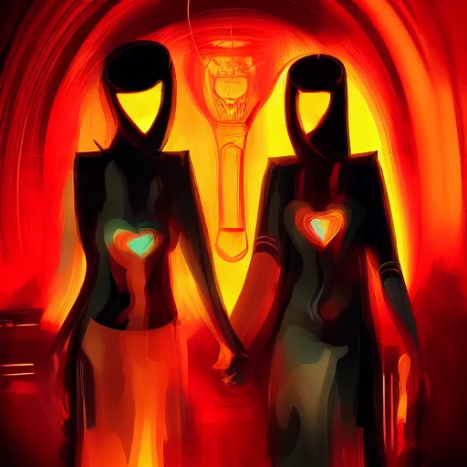 Image similar to tarot card of the lovers, cyberpunk theme, digital painting, artstation award winning, high contrast, black background with vivid colours