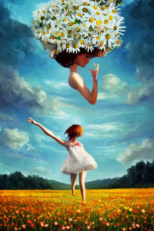 Prompt: giant white daisy flower face head, girl dancing in a flower field, surreal photography, sunrise, dramatic light, impressionist painting, colorful clouds, digital painting, artstation, simon stalenhag