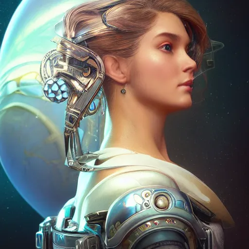 Image similar to hyperrealistic ultra detailed unreal engine 5 RTX raytracing nvidia photograpic portrait of a pretty woman, astronaut space pirate, fantasy, intricate, elegant, highly detailed, digital painting, artstation, concept art, smooth, sharp focus, illustration, art by artgerm and H R Giger and alphonse mucha