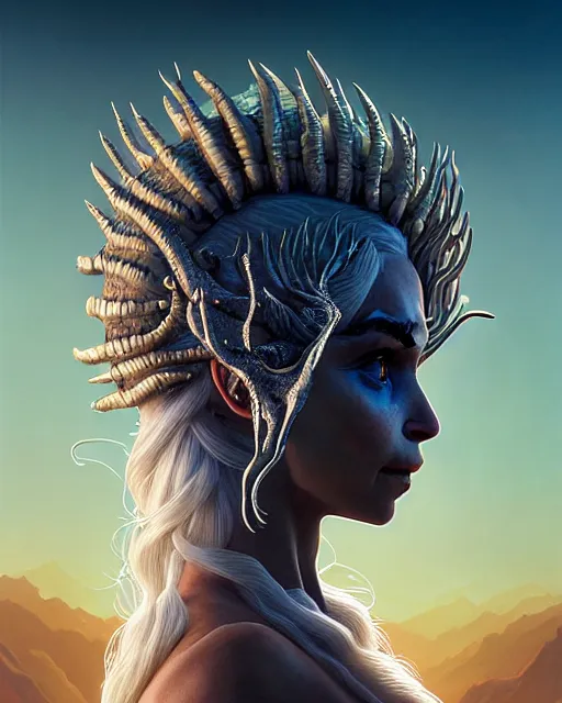 Image similar to highly detailed surreal vfx portrait of daenerys targaryen majora's mask, stephen bliss, unreal engine, greg rutkowski, loish, rhads, beeple, makoto shinkai and lois van baarle, ilya kuvshinov, rossdraws, tom bagshaw, alphonse mucha, global illumination, detailed and intricate environment