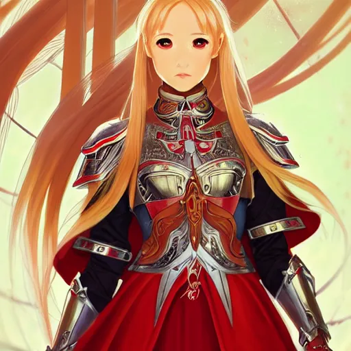 Image similar to Asuna Yuuki, Portrait of a girl with blonde hair wearing a partial paladin armor with a red skirt and white top, face, fantasy, intricate, elegant, highly detailed, digital painting, artstation, concept art, smooth, sharp focus, illustration, art by Fernanda Suarez and Artem Demura and alphonse mucha