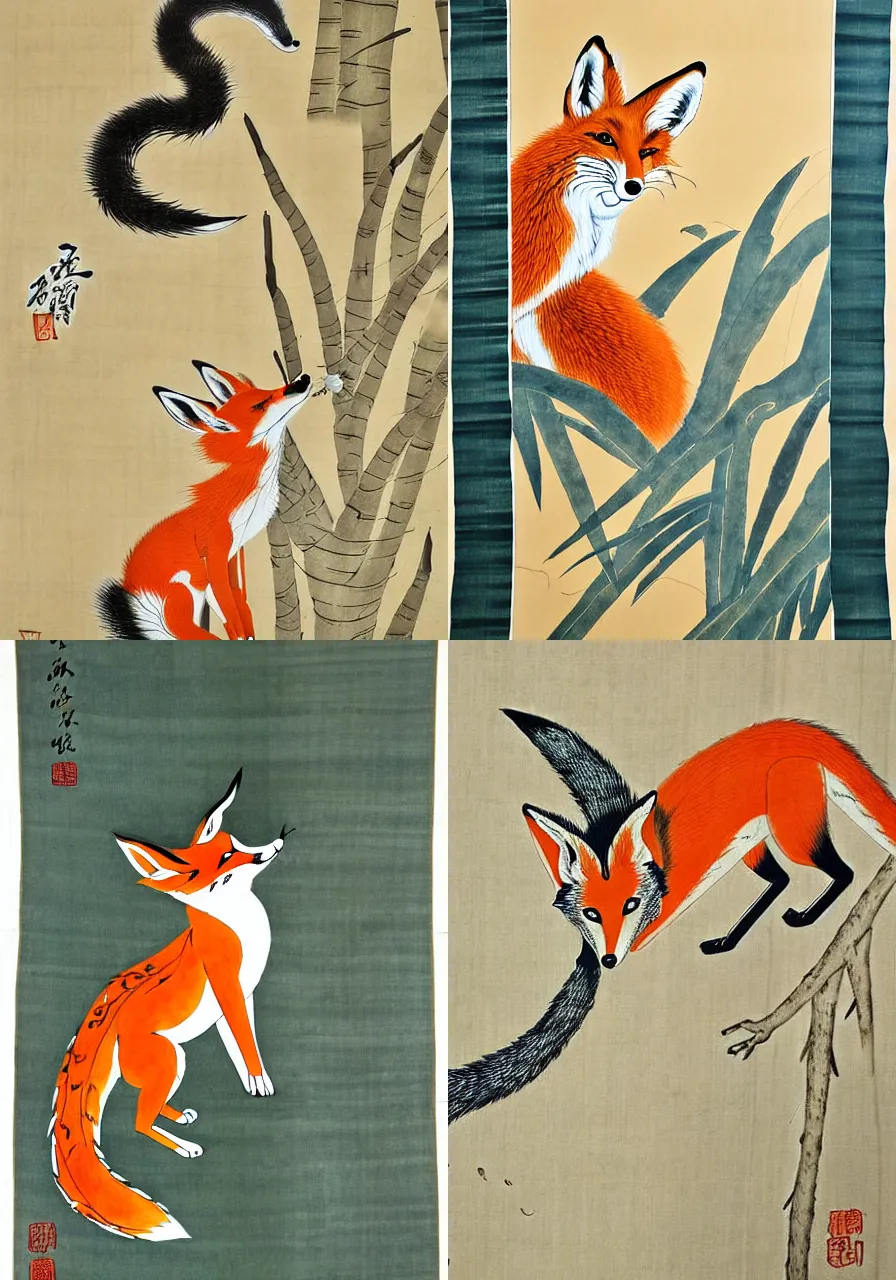 Prompt: sly fox poking around temple, 1759, by Shen Quan, trending on tumblr, HD, hanging scroll, ink and colour on silk, low saturation