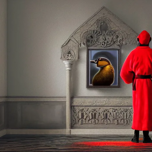 Image similar to portrait of cute mallard duck, glowing red eyes, wearing cultist red robe, doing witchcraft inside a castle, expressive oil painting, digital art, octane render