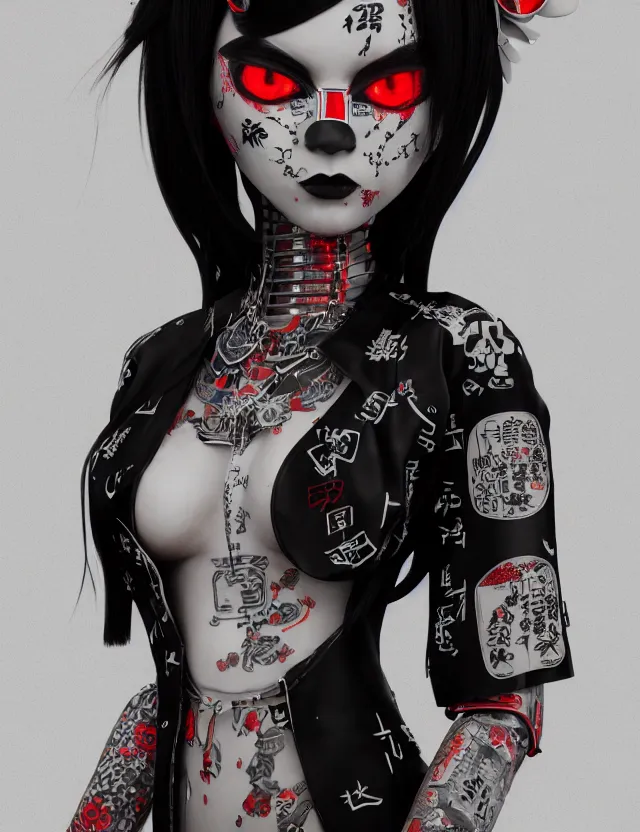 Prompt: full body portrait of a gothic style punk geisha robot with kanji tattoos and decals wearing a digital pixelated kimono, intricate design, photo - realistic, octane render, dark colour palette, ultra fine detailed, character design, trending on artstation