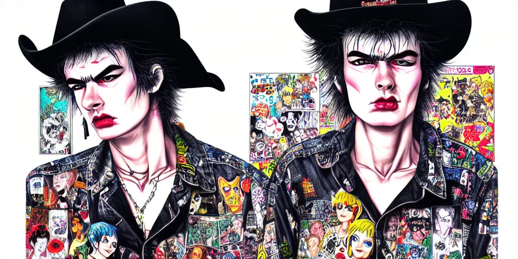 Prompt: full view of sid vicious, wearing a cowboy hat, style of yoshii chie and hikari shimoda and martine johanna, highly detailed