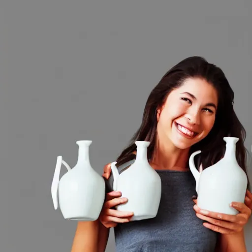 Image similar to woman holding 2 giant jugs while smiling, photorealistic, studio