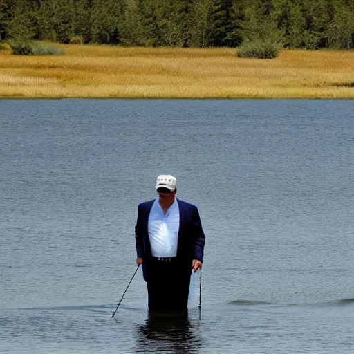 Image similar to donald trump fishing with putin beautiful lake