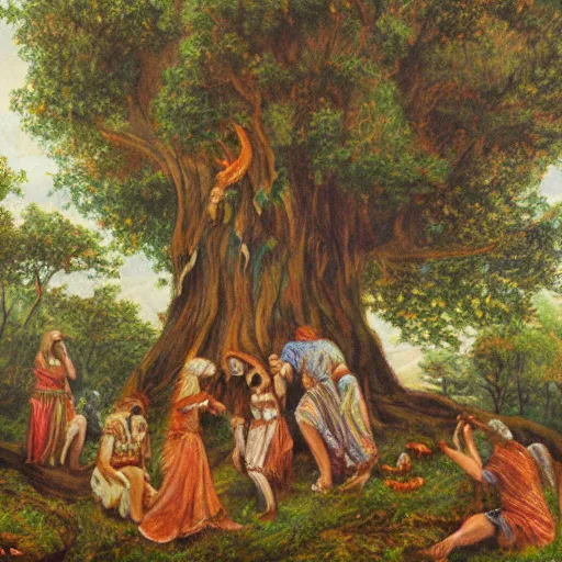 Prompt: detailed painting of druid ritual surrounding an ancient tree