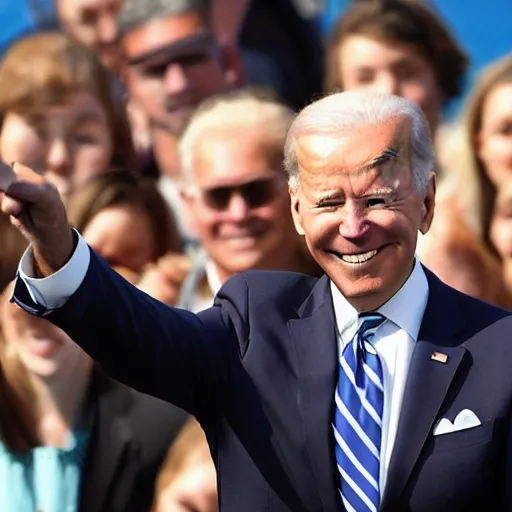 Image similar to joe biden taking a selfie whilest looking at the camera with a confused glance and a crowd of people behind him.