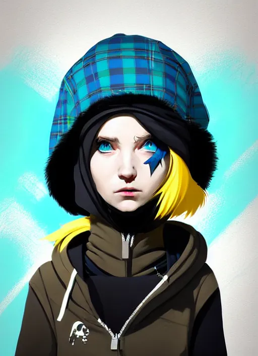 Image similar to highly detailed portrait of a sewer punk lady student, blue eyes, tartan hoody, hat, white hair by atey ghailan, by greg tocchini, by jesper ejsing, gradient yellow, black, brown and cyan color scheme, grunge aesthetic!!! ( ( graffiti tag wall ) )