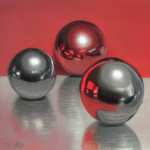 Prompt: chrome spheres on a red cube by eilif peterssen