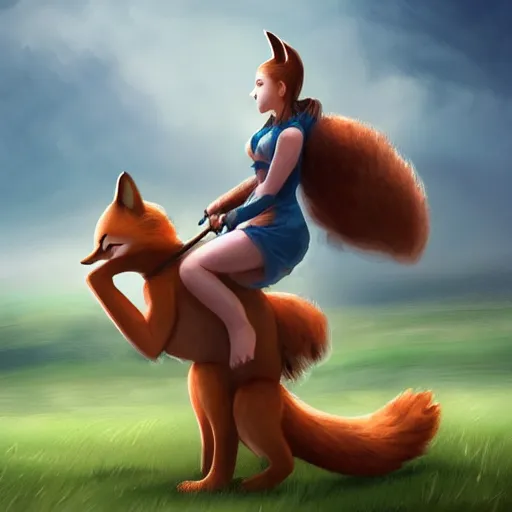 Image similar to girl riding a giant fox in a field, trending on artstation