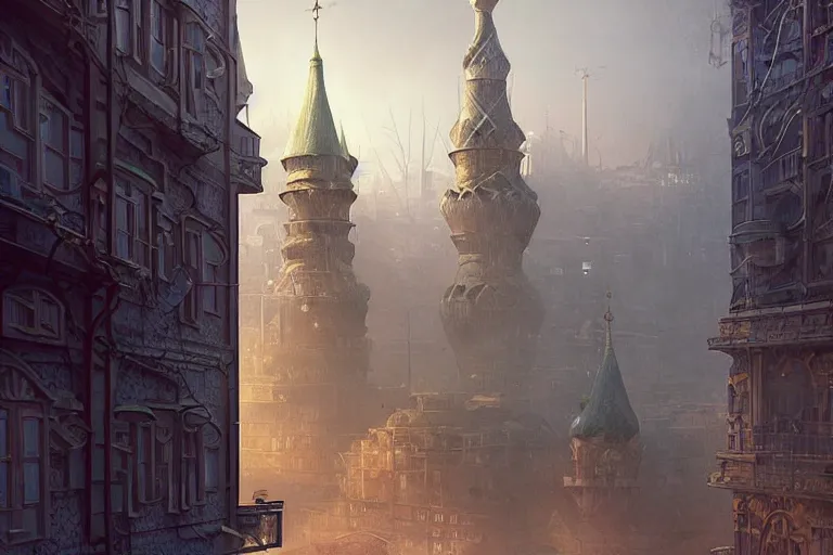 Image similar to It’s enchanting on the streets of Russian panel houses quarters on the Moon city, Norilsk, sci-fi, fantasy, intricate, very very beautiful, elegant, digital painting, trending on Behance, concept art, smooth, sharp focus, illustration, art by artgerm and greg rutkowski and Evgeny Zubkov and alphonse mucha