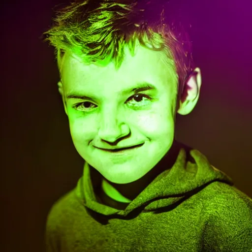 Prompt: a young boy with face lit by green glow at midnight, atmospheric epic award winning photo with volumetric cinematic lighting