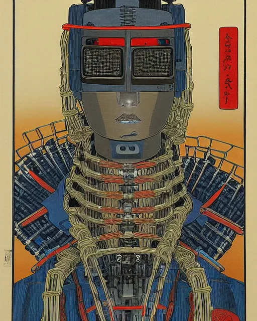 Prompt: Hiroshige portrait of a robot saint made of cables and robotic pod by Claudio Mazzoli