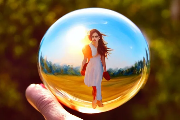 Prompt: emma watson, glass ball, painting, ultra realistic!!!, clear weather, golden hour, sharp focus