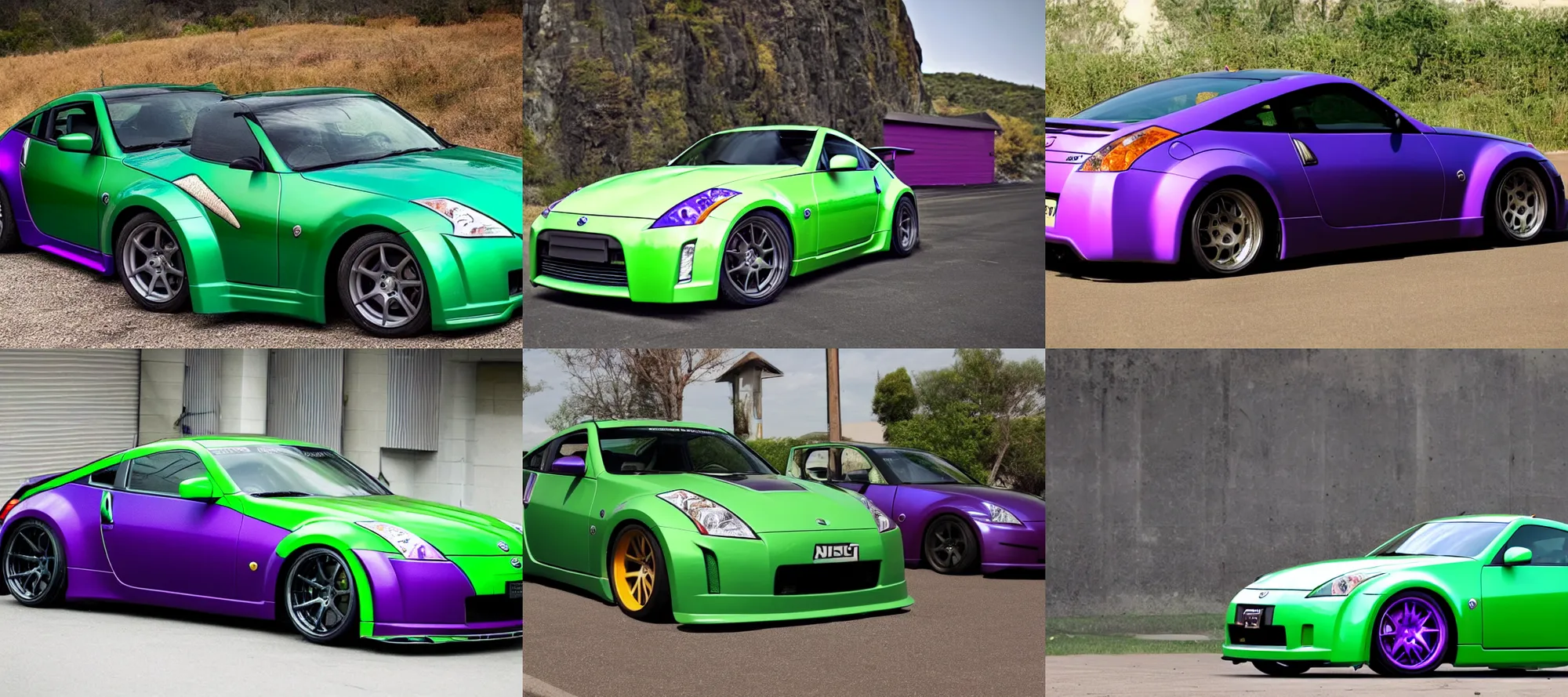 Prompt: green Nissan 350Z with a carbon fiber hood, a tribal purple livery on the door