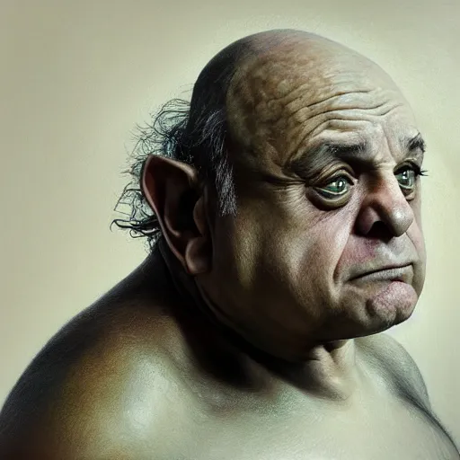 Image similar to hyperrealistic mixed media high resolution painting of Danny DeVito is Gollum, stunning 3d render inspired art by Jamie Salmon and István Sándorfi and Unreal Engine and Greg Rutkowski, perfect facial symmetry, dim volumetric lighting, 8k octane beautifully detailed render, full body shot, post-processing, extremely hyper-detailed, intricate, epic composition, highly detailed attributes, highly detailed atmosphere, cinematic lighting, masterpiece, trending on artstation, very very detailed, masterpiece, stunning, flawless completion, lifelike texture, perfection,