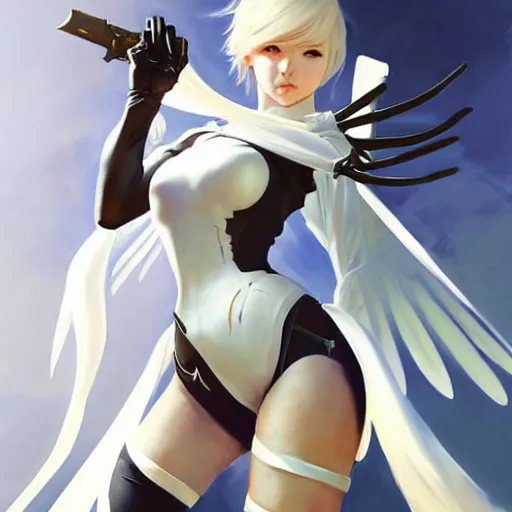 Image similar to greg manchess painting of a 2 yorha type a no. 2 as mercy from overwatch!! in a battlefield fighting, white long hair, large white wings, organic painting, trending on artstation, by huang guangjian and gil elvgren and sachin teng