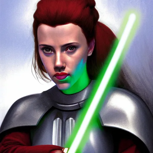 Prompt: head and shoulders portrait of a female knight, jedi, young scarlett johansson, star wars, jedi robes, green lightsaber, by ralph mcquarrie, face detail, sharp focus, concept art painting