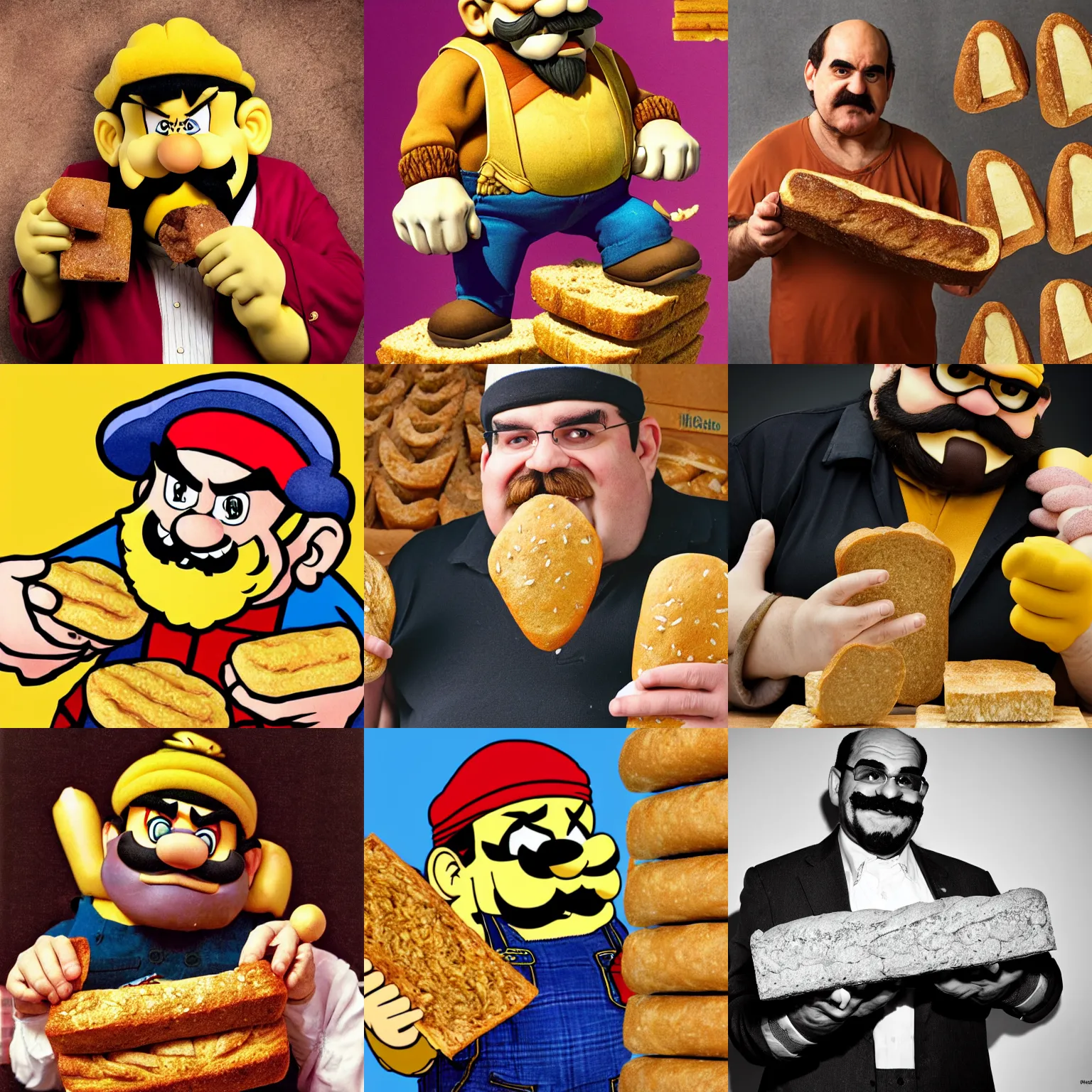 Prompt: wario holding and eating several loaves of garlick bread, award winning photography