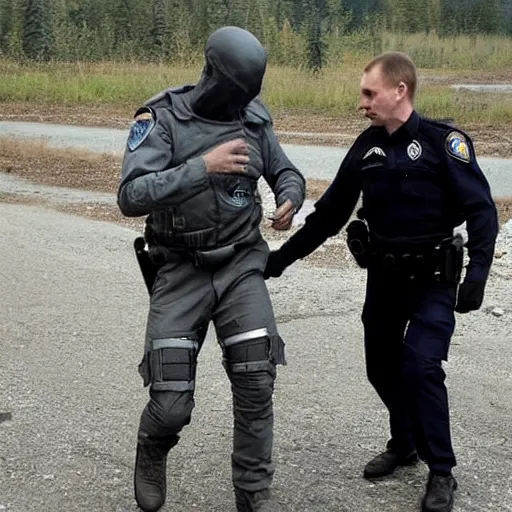 Prompt: grey alien being arrested by russian special forces