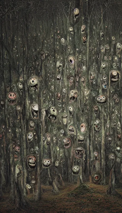 Image similar to a storm vortex made of many demonic eyes and teeth over a forest, by alyssa monks