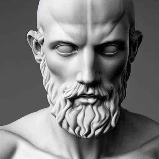 Prompt: centered detailed portrait of the white marble statue of Zeus, medium shot, elegant pose, fantasy, illustration, slender symmetrical face and body, artstation, cinematic lighting, hyperdetailed, cgsociety, 8k, high resolution, single face, insanely detailed and intricate, octane render, golden ratio, dark fractal background,