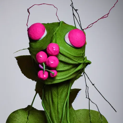 Image similar to studio photograph of a thin green vine creature with vine limbs and a pink blooming flower mouth with many sharp teeth