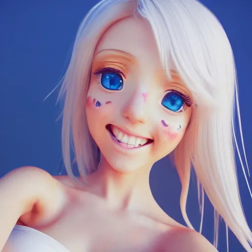 Image similar to beautiful hyperrealism selfie of a cute 3 d anime young woman smiling smugly, long light platinum blonde hair, flushed face, heart - shaped face, cute freckles, light blue eyes, golden hour, 8 k, instagram