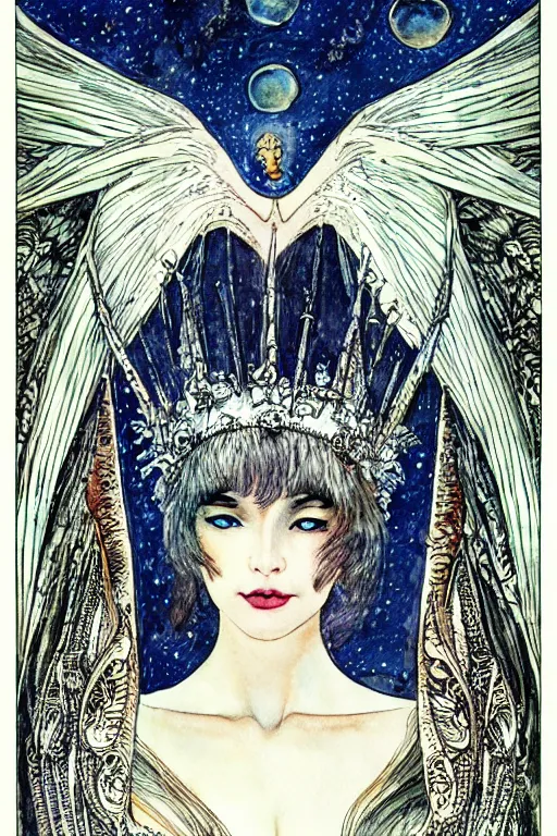 Image similar to detailed portrait of a woman with a bat wing crown, night sky moon background, art by luis royo and walter crane and kay nielsen, watercolor illustration,