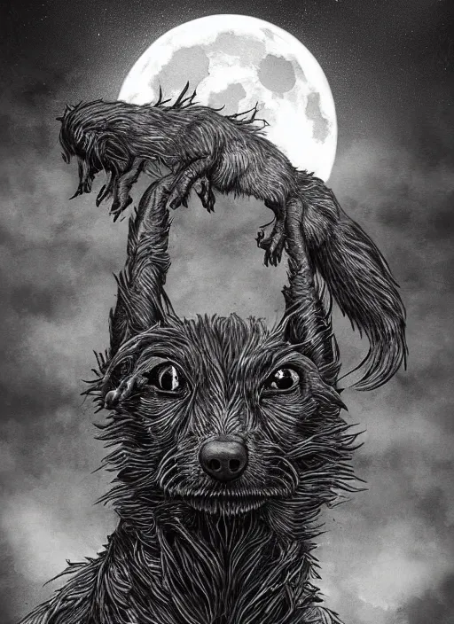 Image similar to a dachshund werewolf transforming under a full moon, dark colors, sinister atmosphere, dramatic lighting, cinematic, establishing shot, extremely high detail, photo realistic, cinematic lighting, pen and ink, intricate line drawings, by Yoshitaka Amano, Ruan Jia, Kentaro Miura, Artgerm, post processed, concept art, artstation, matte painting, style by eddie mendoza, raphael lacoste, alex ross