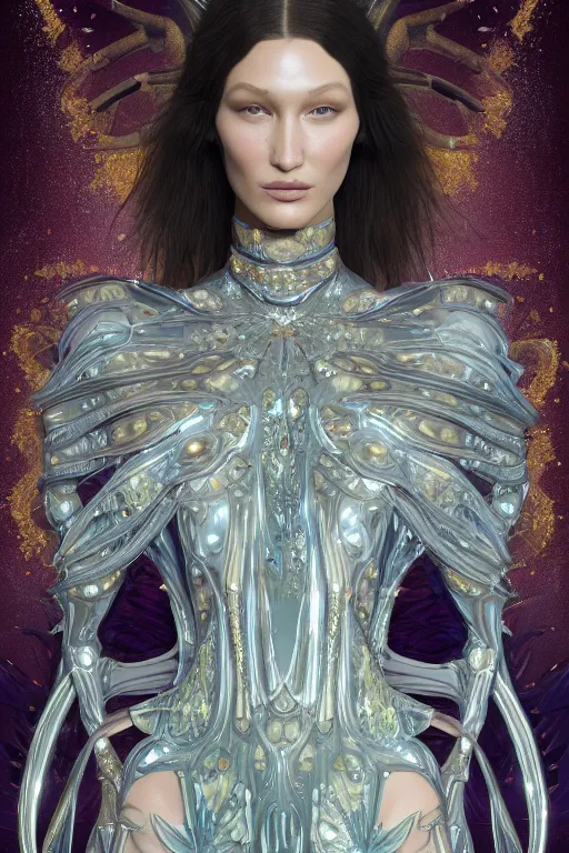 Image similar to a highly detailed metahuman render painting of an alien goddess bella hadid in iris van herpen dress schiaparelli in diamonds and jewelry in style of alphonse mucha trending on artstation made in unreal engine 4