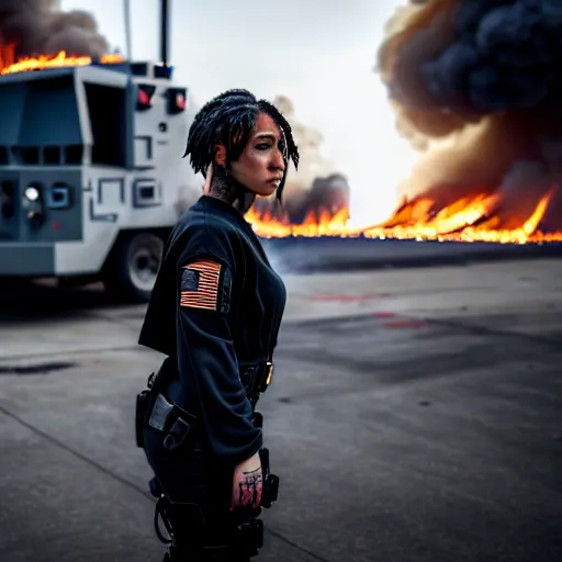 Image similar to Candid extreme wide shot of a poor techwear mixed woman with short hair and tattoos outside of a futuristic Los Angeles on fire, a police MRAP on fire, cyberpunk, 4k, extreme long shot, desaturated, full shot, action shot, motion blur, depth of field, sigma 85mm f/1.4, high resolution, 4k, 8k, hd, full color, award winning photography, war photography