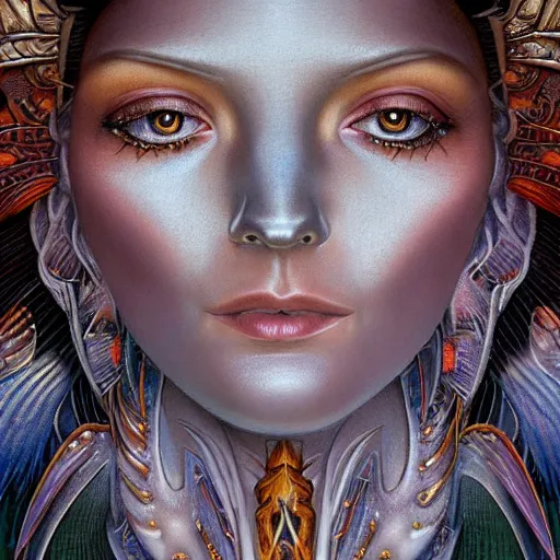 Image similar to beautiful closeup portrait of an art deco faerie queen, glowing eyes. reflective detailed textures, moth wings, highly detailed dark fantasy science fiction painting by tom bagshaw and michael whelan and diego rivera and annie swynnerton and jean delville and moebius and evelyn de morgan and syd mead, elaborate geometric ornament, ancient runes, silver and cool colors. artstation