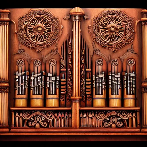 Image similar to pipe organ intricately carved from ancient wood, detailed reference photo, artstation