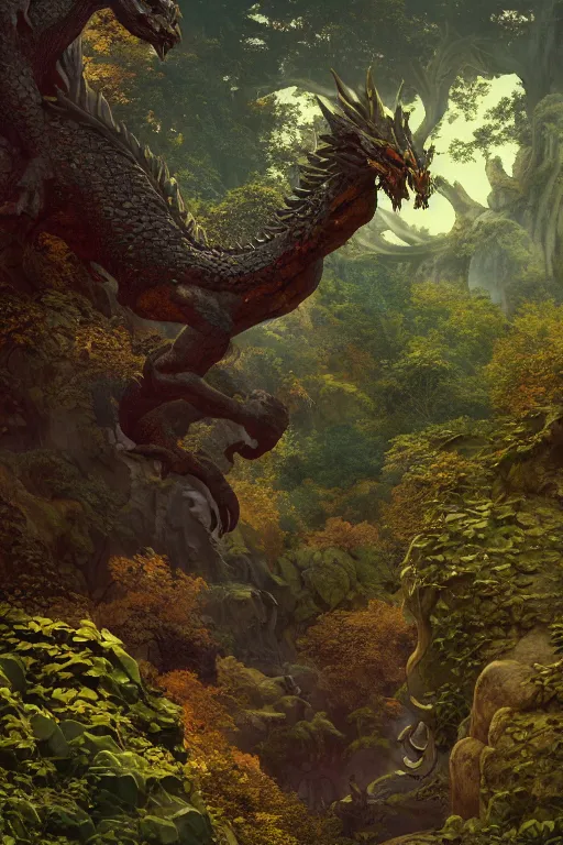 Prompt: giant stone dragon in a forest clearing | by Edmund Dulac and Maxfield Parrish | ornate carved stone | inlaid gems | climbing vines| ancient artifact | rich color | dramatic cinematic lighting | golden hour| featured on Artstation | cgsociety | unreal engine