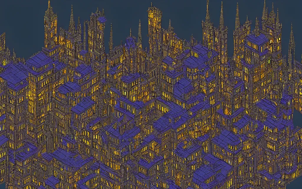 Image similar to an 18th gothic city at night. Pixel art, side view, panorama, (fantasy).