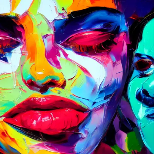 Prompt: A vibrant oil painting close up of two beautiful females by Françoise NIELLY, trending on Artstation:3