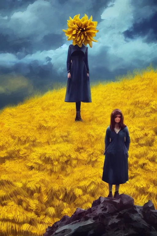 Image similar to closeup girl with giant yellow dahlia flower face, standing on mountain, surreal photography, blue storm clouds, dramatic light, impressionist painting, digital painting, artstation, simon stalenhag