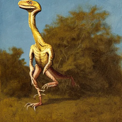 Prompt: An artwork of a velociraptor by a tree, paleo art