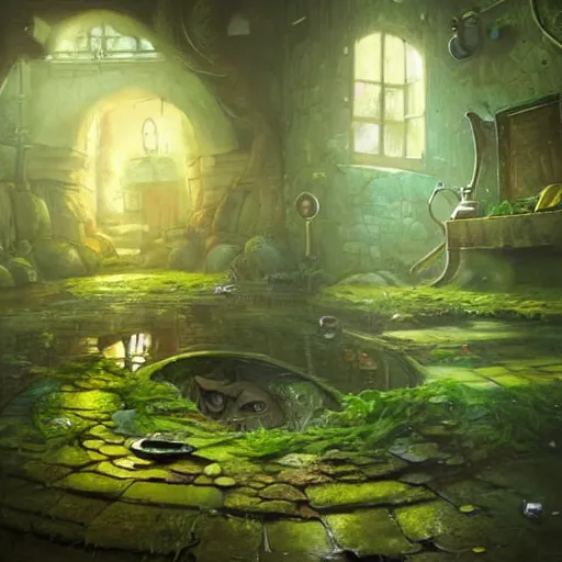 Prompt: anthropomorphic green puddle with an angry sneer lurking in a damp alleyway , concept art, painting by Justin Gerard