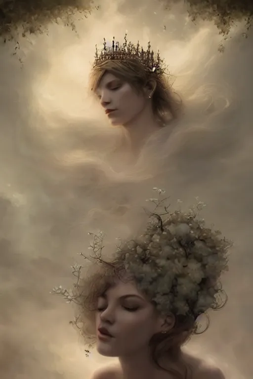 Prompt: hydrangea queen goddess dreaming!!!, windy floating hair!!, atmospheric moody, dark surreal, seductive beauty! cinematic volumetric lights, bust portrait, dnd, fantasy, intricate, elegant, highly detailed, digital painting, artstation, concept art, smooth, sharp focus, illustration, art by artgerm and tom bagshaw and greg rutkowski and alphonse mucha