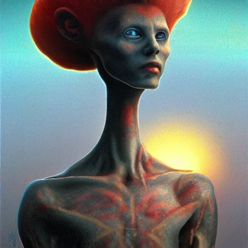 Image similar to a dystopian 3 5 mm 1 9 8 0 s portrait of a p - alien!!! natural lighting art dawn. highly detailed. colourful. moody. artstation, 4 k, by gerald brom zdzisław beksinski, and ansel adams and studio ghibli, horror, lots of sakura flowers, lovely