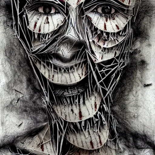 Image similar to multiple faces shredded like paper news screaming, dark horror, surreal, drawing, painting,